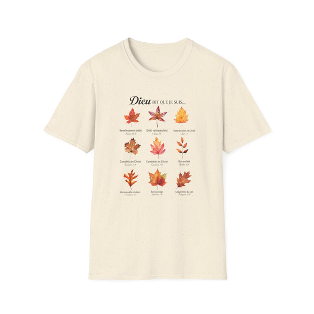 T-shirt beige à col rond orné d'un motif de feuilles d'automne et de textes bibliques.