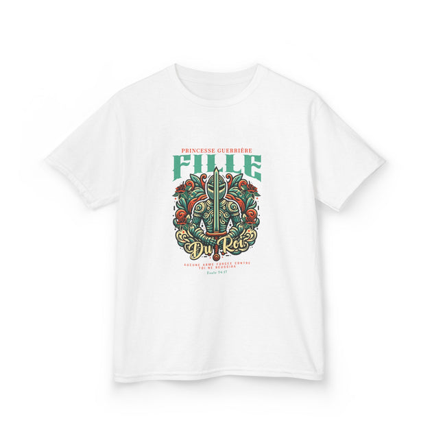 T-shirt blanc pour enfant avec une illustration de chevalier et le texte Fille du Roi.