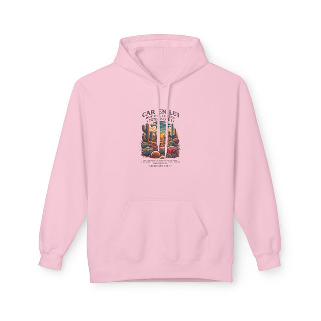 Sweat à capuche rose pour femme avec une illustration de cactus et un texte religieux centré.