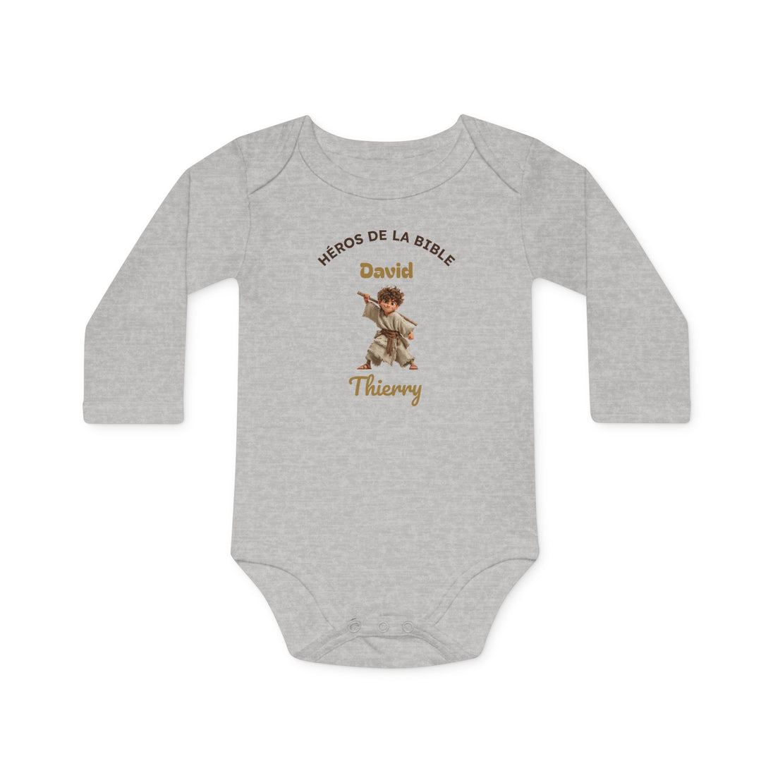 Body bébé gris chiné manches longues, motif David Héros de la Bible, prénom Thierry personnalisable.