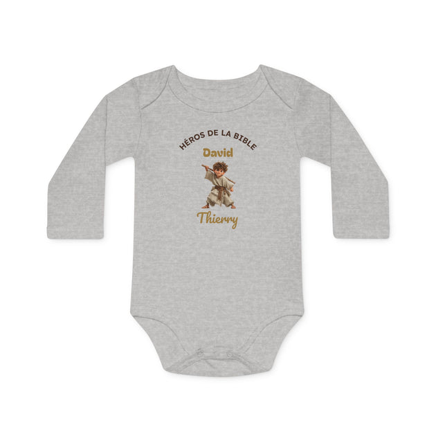 Body bébé gris chiné manches longues, motif David Héros de la Bible, prénom Thierry personnalisable.