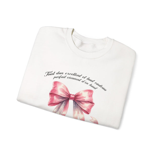 Sweatshirt blanc pour femme orné d'un ruban rose aquarelle et d'une inscription en français.