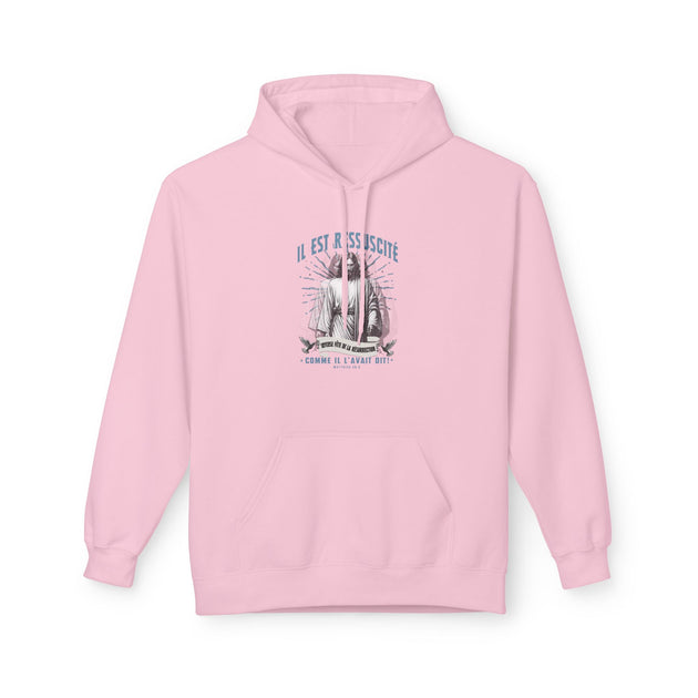 Sweat à capuche rose pour femme avec une illustration religieuse et le texte Il est ressuscité.