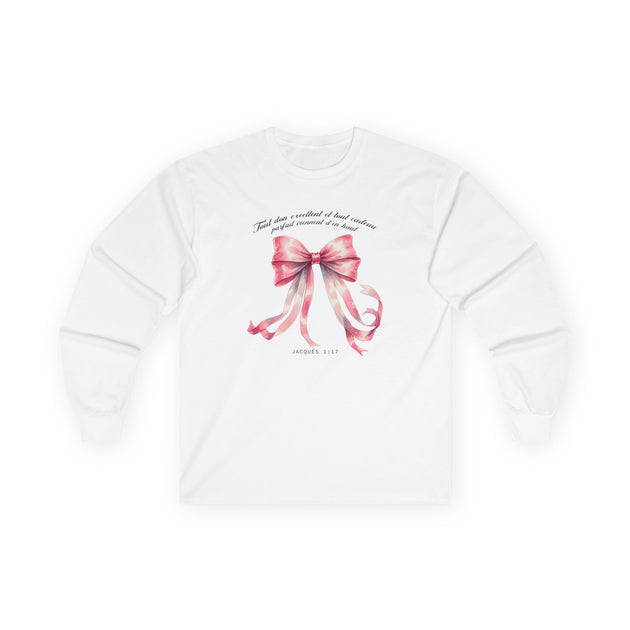 T-shirt blanc à manches longues avec un nœud rose aquarelle et le texte Jacques 1:17.