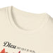 T-shirt beige chiné pour femme avec l'inscription Dieu dit que je suis imprimée sur le devant.
