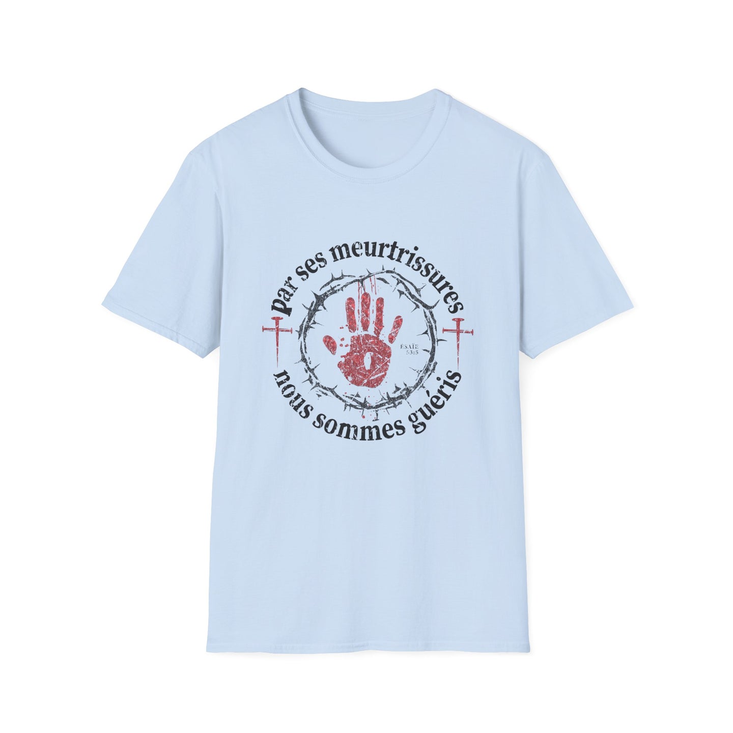 T-shirt bleu clair pour femme avec un motif religieux centré représentant une main et des clous.
