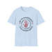 T-shirt bleu clair pour femme avec un motif religieux centré représentant une main et des clous.