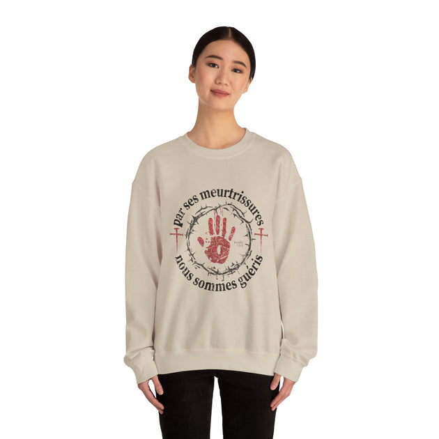 Sweatshirt beige pour femme avec design chrétien "Par ses meurtrissures nous sommes guéris".