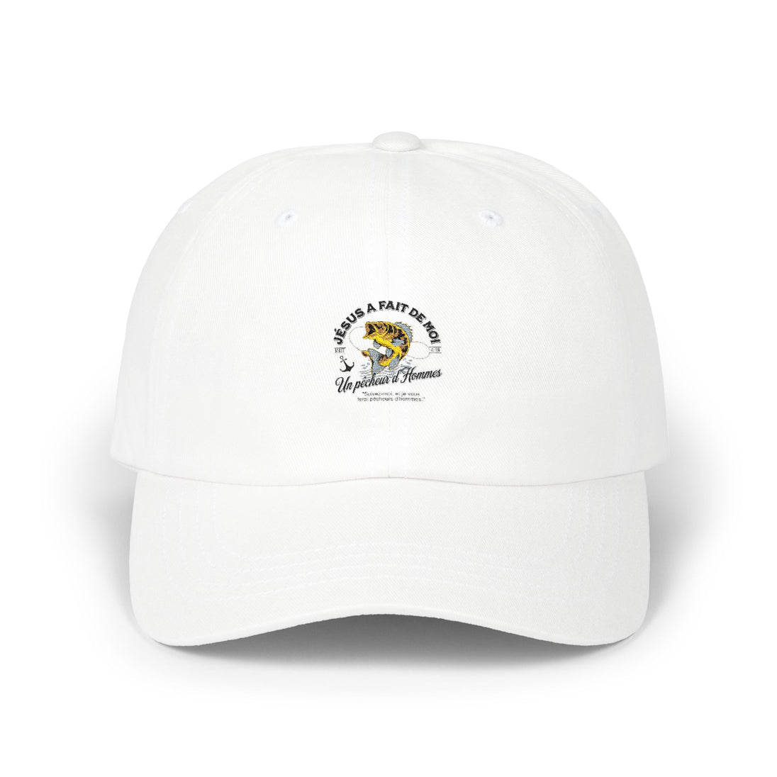 Casquette blanche en coton avec un motif brodé représentant un poisson et un message religieux.