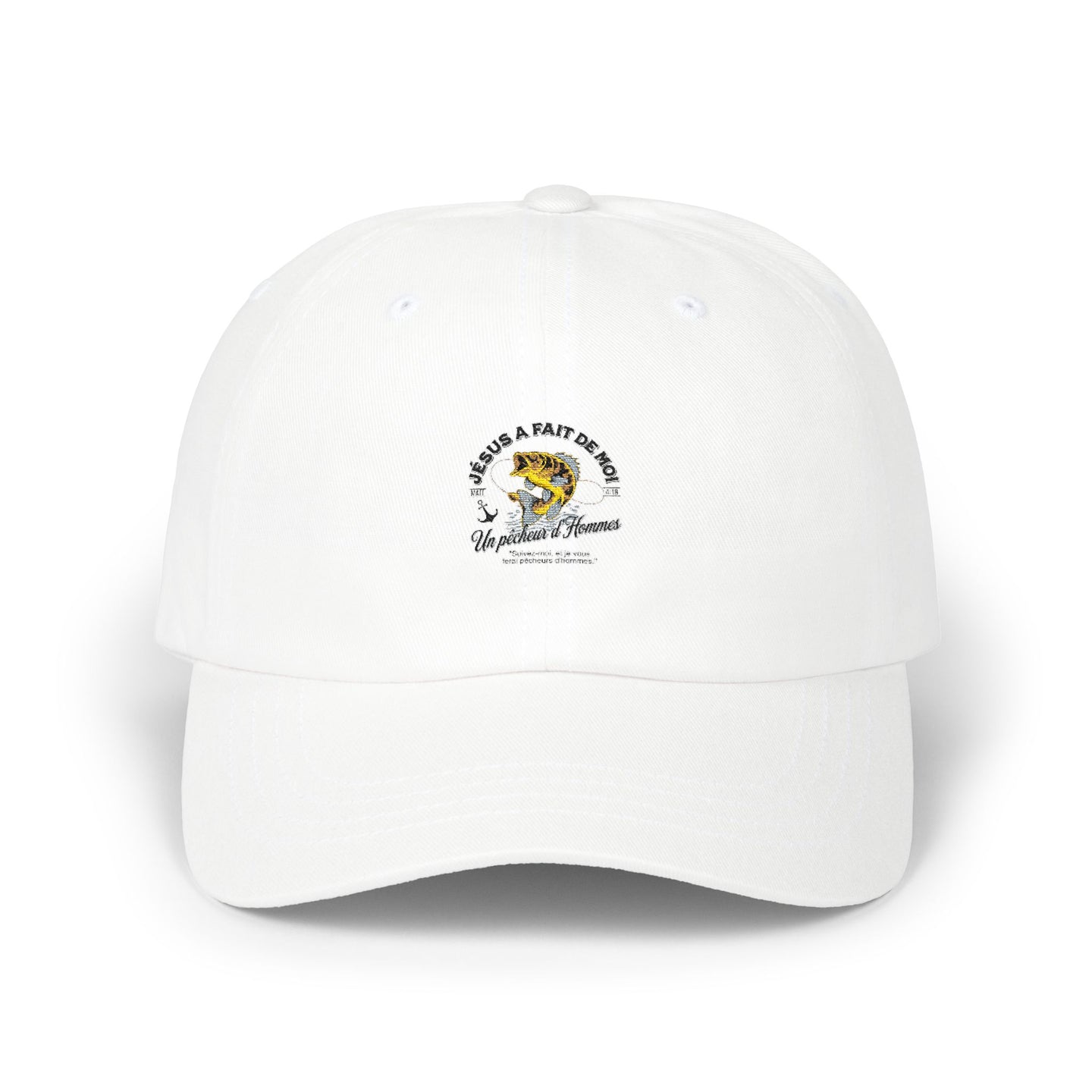 Casquette blanche en coton avec un motif brodé représentant un poisson et un message religieux.