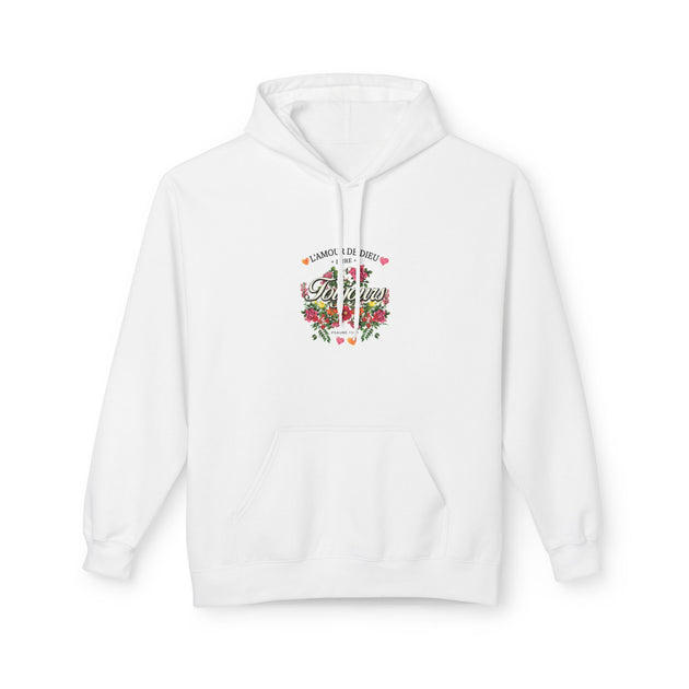 Sweat à capuche blanc pour femme avec un motif floral et l'inscription L'amour de Dieu dure toujours.