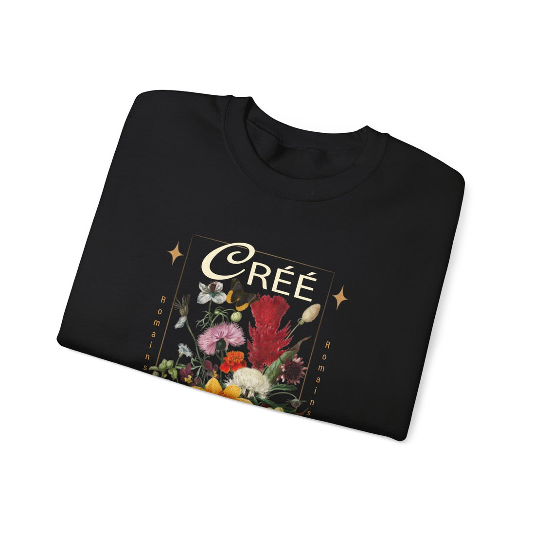 Sweat-shirt noir pour femme avec une illustration florale vintage et le mot Créé imprimé.