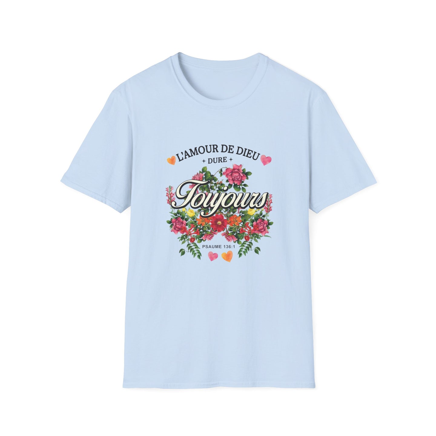 T-shirt bleu clair pour femme avec un motif floral et le texte L'amour de Dieu dure toujours.