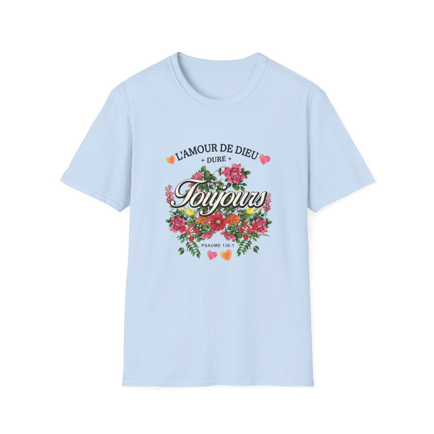 T-shirt bleu clair pour femme avec un motif floral et le texte L'amour de Dieu dure toujours.