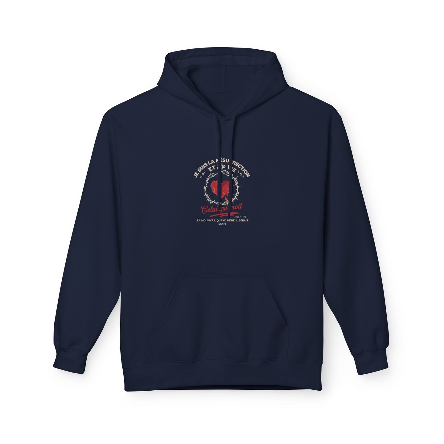 Sweat à capuche bleu marine pour homme avec un motif religieux centré sur la poitrine.
