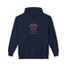 Sweat à capuche bleu marine pour homme avec un motif religieux centré sur la poitrine.