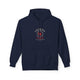 Sweat à capuche bleu marine pour homme avec un motif religieux centré sur la poitrine.