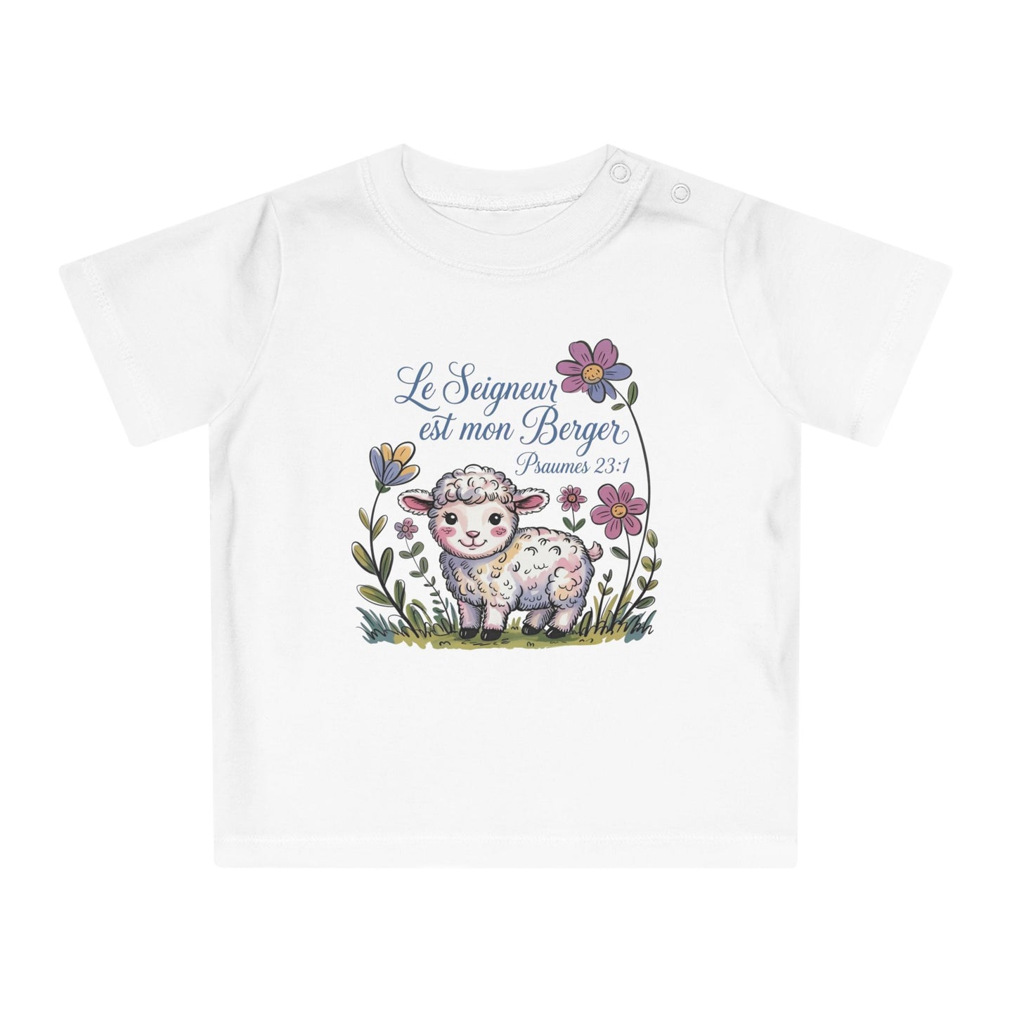 T-shirt blanc pour bébé avec un dessin d'agneau et l'inscription Le Seigneur est mon Berger.