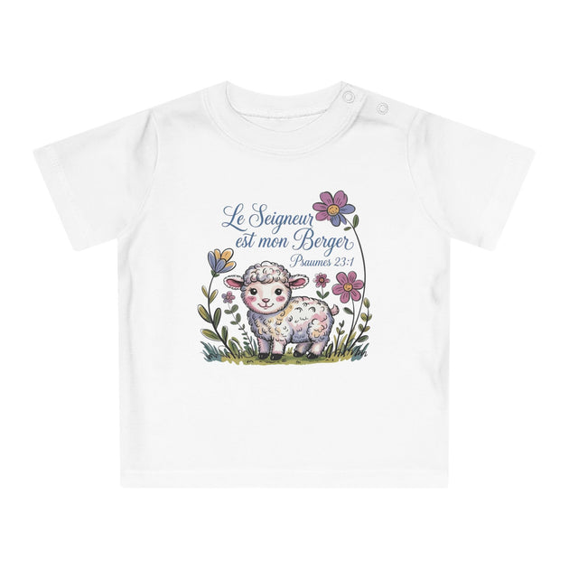 T-shirt blanc pour bébé avec un dessin d'agneau et l'inscription Le Seigneur est mon Berger.