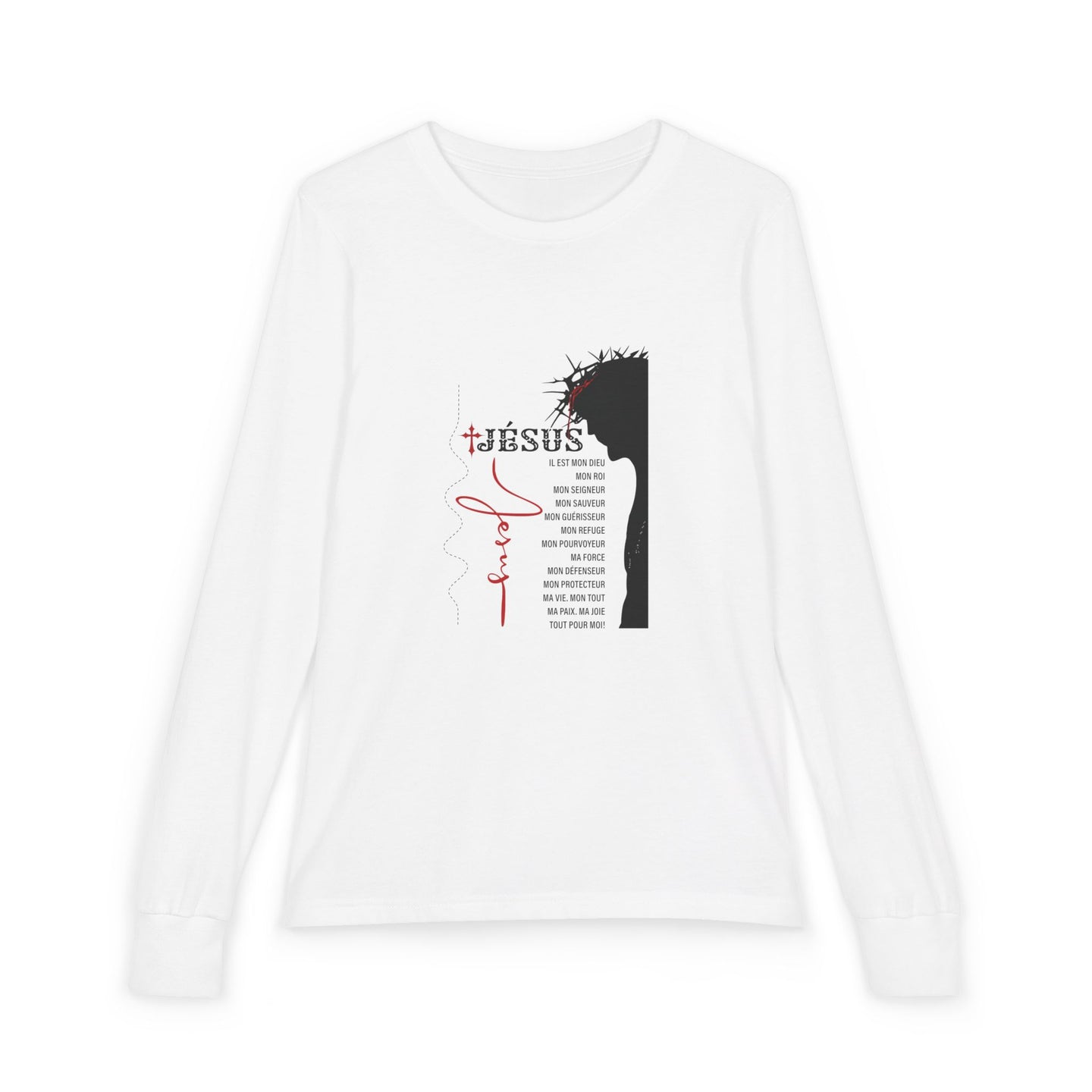 T-shirt blanc à manches longues pour enfant avec une illustration religieuse et du texte en français.