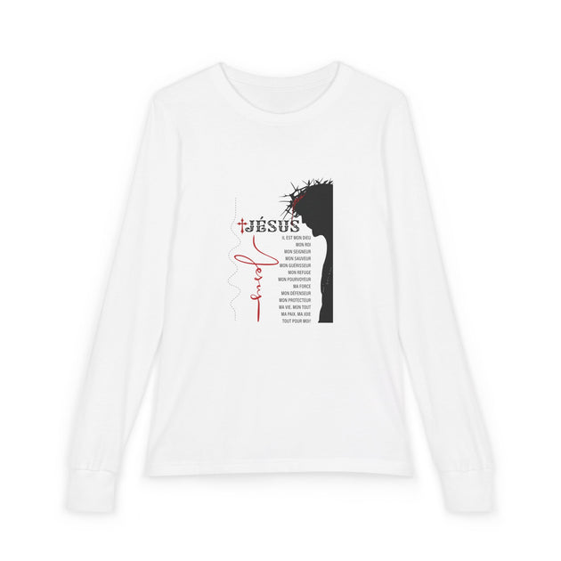 T-shirt blanc à manches longues pour enfant avec une illustration religieuse et du texte en français.