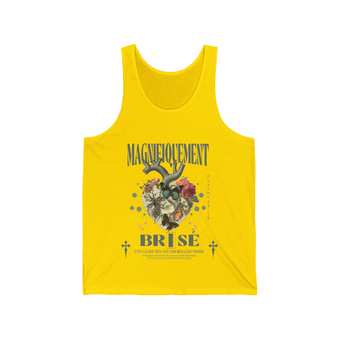Débardeur jaune pour homme avec un motif de cœur floral et le texte Magnifiquement Brisé.