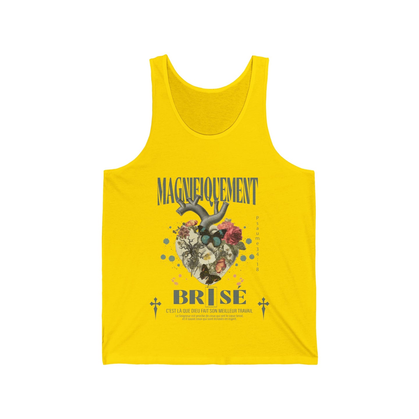 Débardeur jaune pour homme avec un motif de cœur floral et le texte Magnifiquement Brisé.