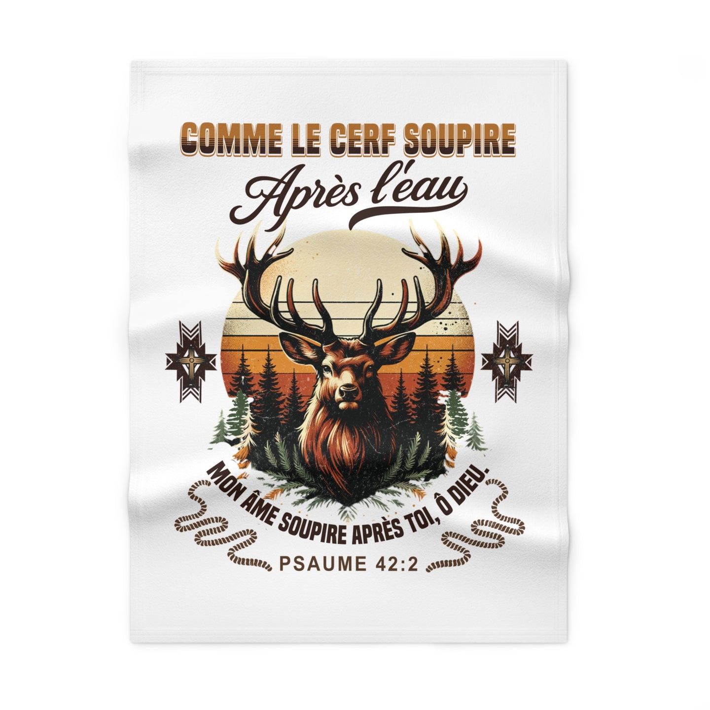 Couverture blanche en polaire illustrée d'un cerf et du verset biblique Psaume 42:2.