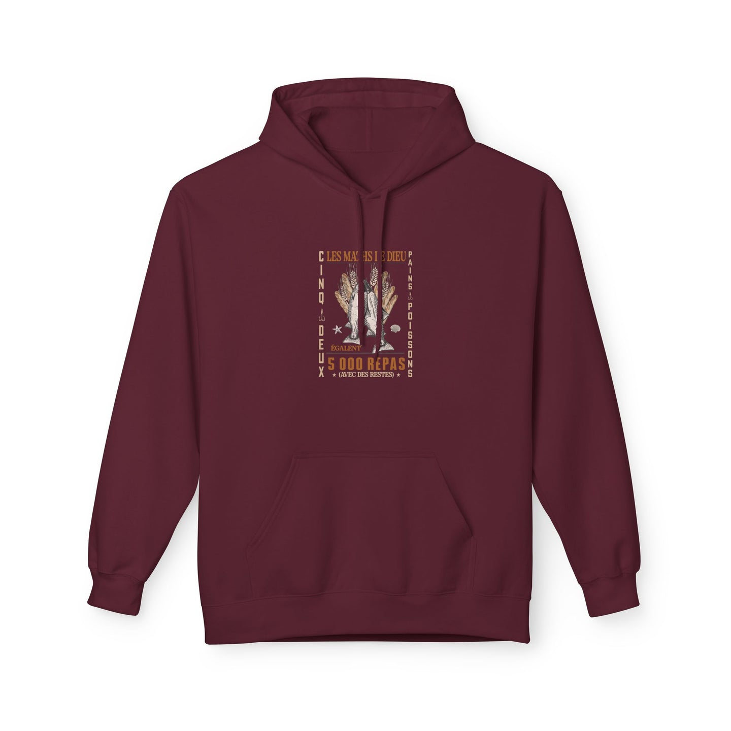 Sweat à capuche bordeaux pour femme avec une illustration graphique sur le thème des pains et poissons.