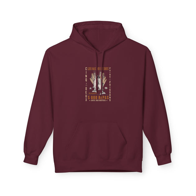 Sweat à capuche bordeaux pour femme avec une illustration graphique sur le thème des pains et poissons.