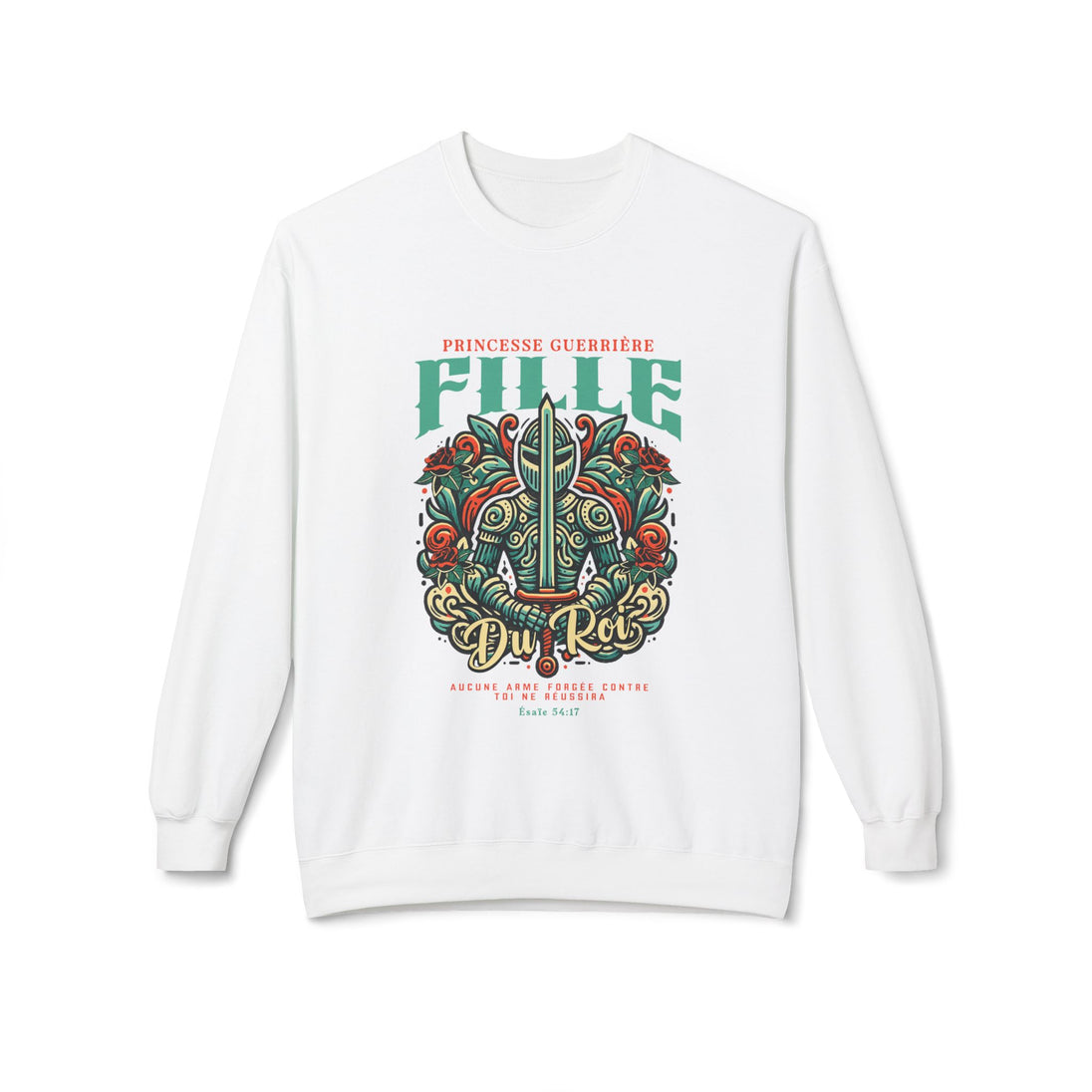 Sweat-shirt blanc pour femme avec une illustration de chevalier entouré de roses et texte religieux.