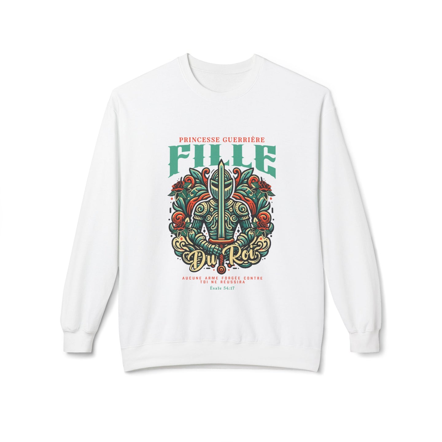 Sweat-shirt blanc pour femme avec une illustration de chevalier entouré de roses et texte religieux.