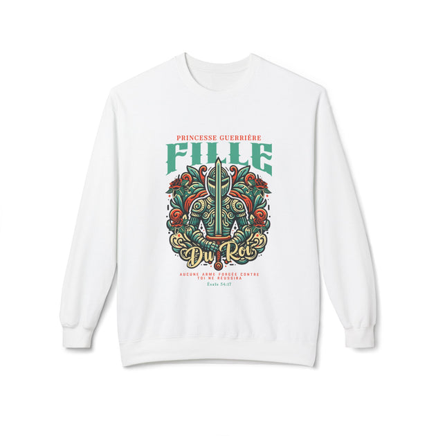 Sweat-shirt blanc pour femme avec une illustration de chevalier entouré de roses et texte religieux.