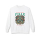 Sweat-shirt blanc pour femme avec une illustration de chevalier entouré de roses et texte religieux.