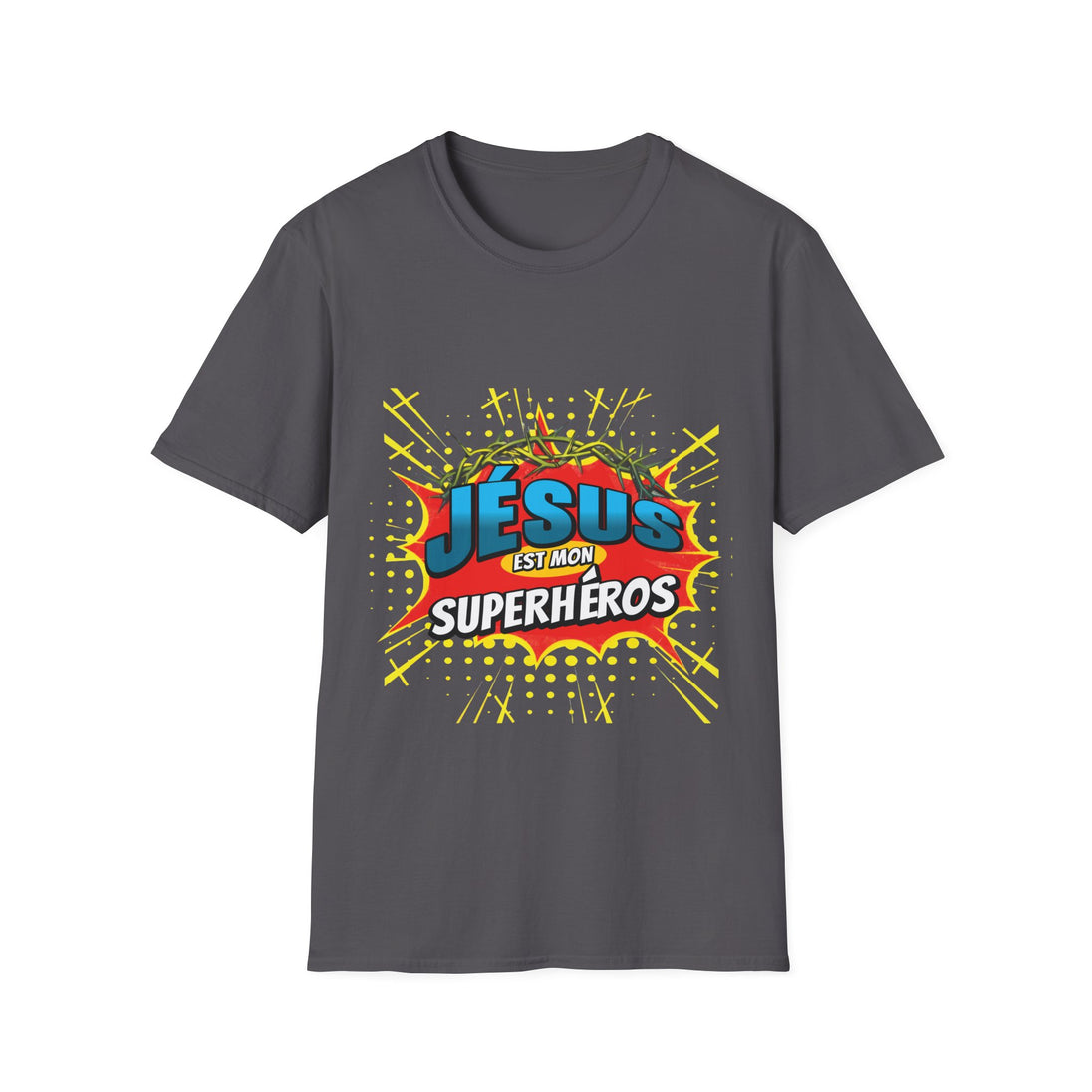T-shirt gris pour homme avec un motif style bande dessinée Jésus est mon superhéros.