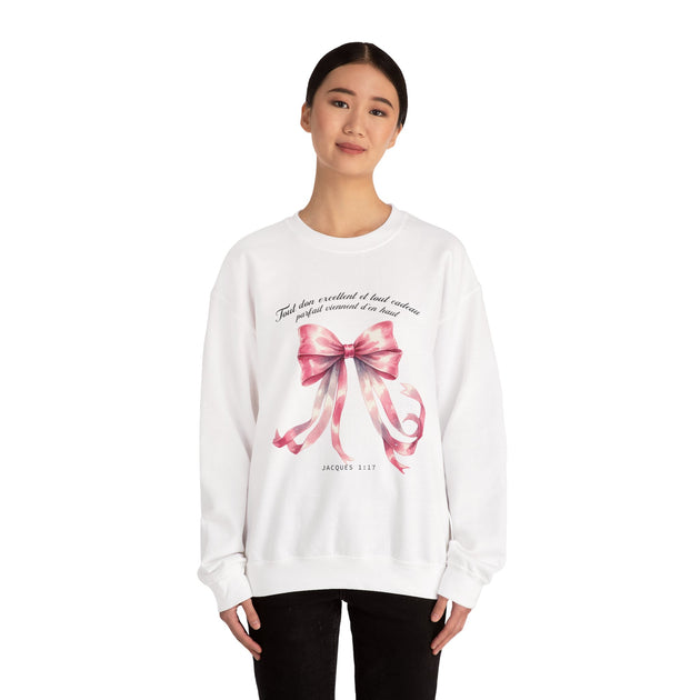Sweat-shirt blanc pour femme orné d'un ruban rose aquarelle et du verset Jacques 1:17.