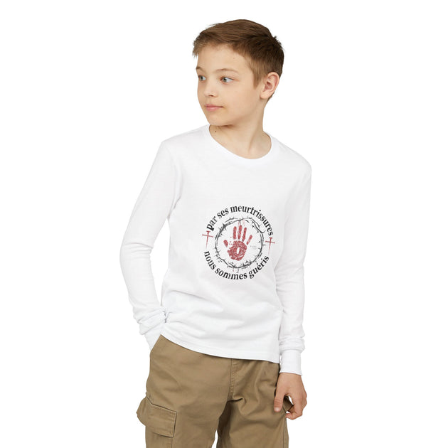 T-shirt blanc manches longues enfant avec logo chrétien circulaire et empreinte de main rouge.
