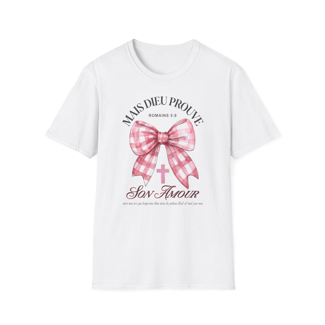 T-shirt blanc pour femme avec un motif de nœud vichy rose, une croix et un verset biblique.