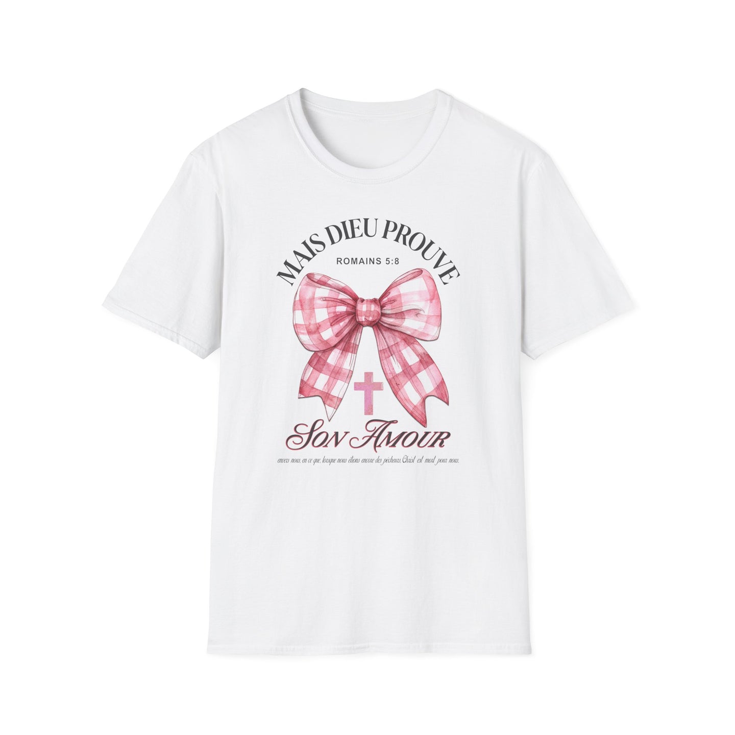 T-shirt blanc pour femme avec un motif de nœud vichy rose, une croix et un verset biblique.
