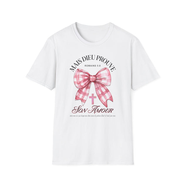 T-shirt blanc pour femme avec un motif de nœud vichy rose, une croix et un verset biblique.