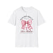 T-shirt blanc pour femme avec un motif de nœud vichy rose, une croix et un verset biblique.