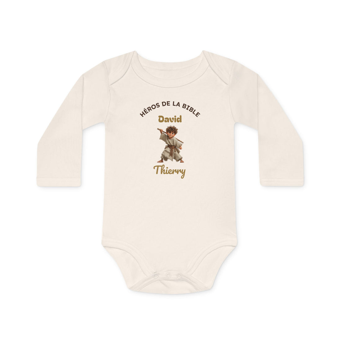 Body bébé blanc manches longues personnalisé David, Héros de la Bible, en coton bio.
