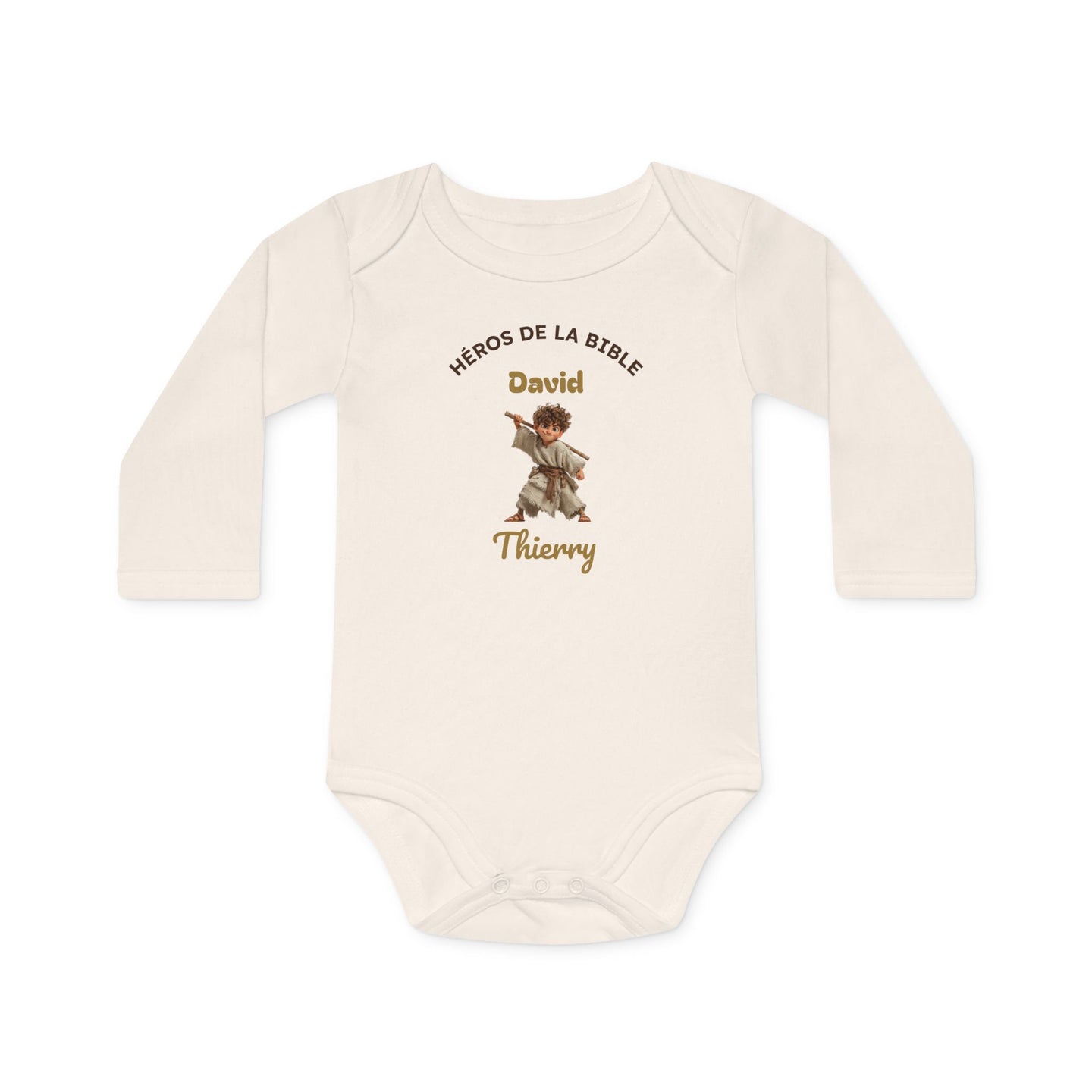 Body bébé blanc manches longues personnalisé David, Héros de la Bible, en coton bio.