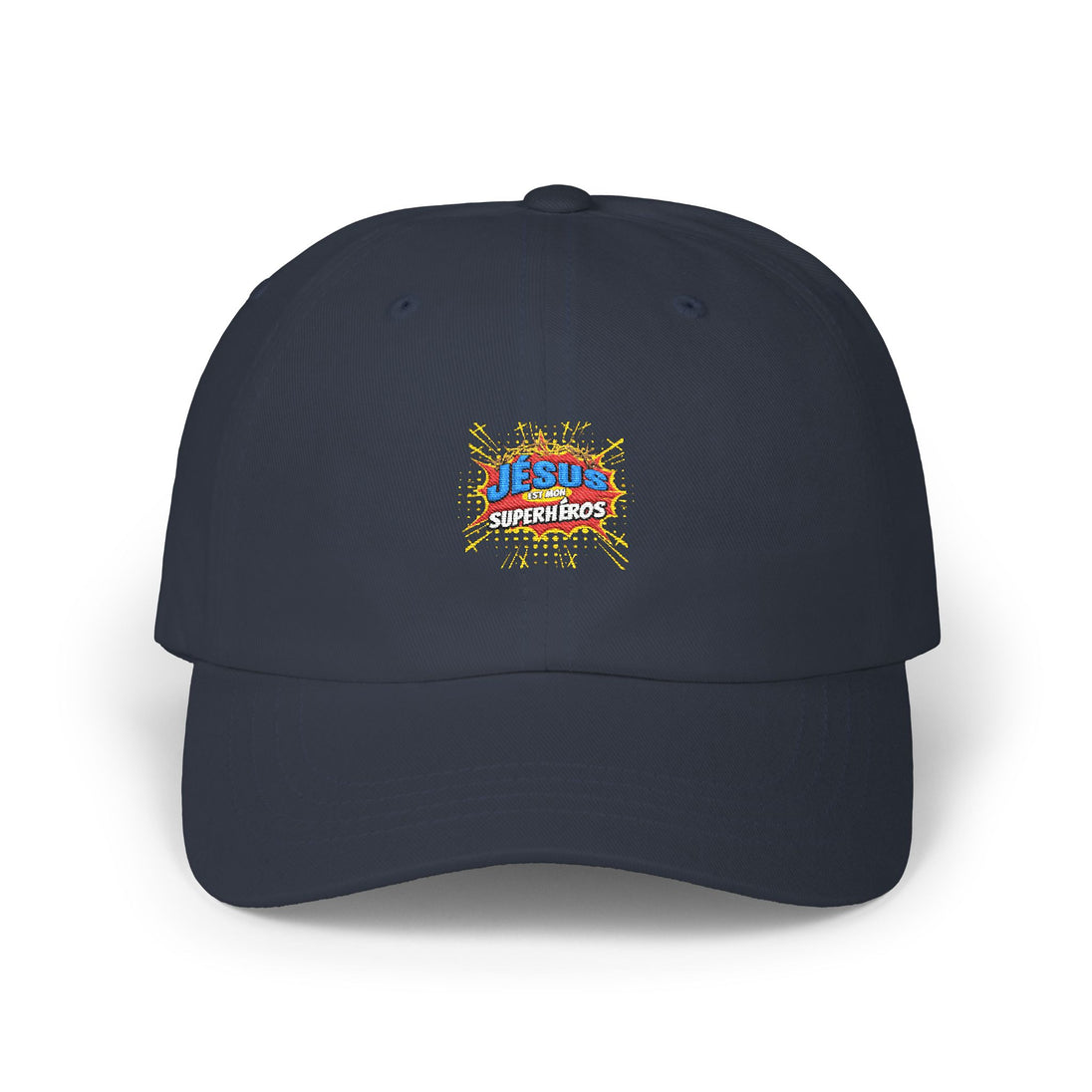 Casquette bleu marine avec un écusson brodé coloré portant l'inscription Jésus est mon Superhéros.