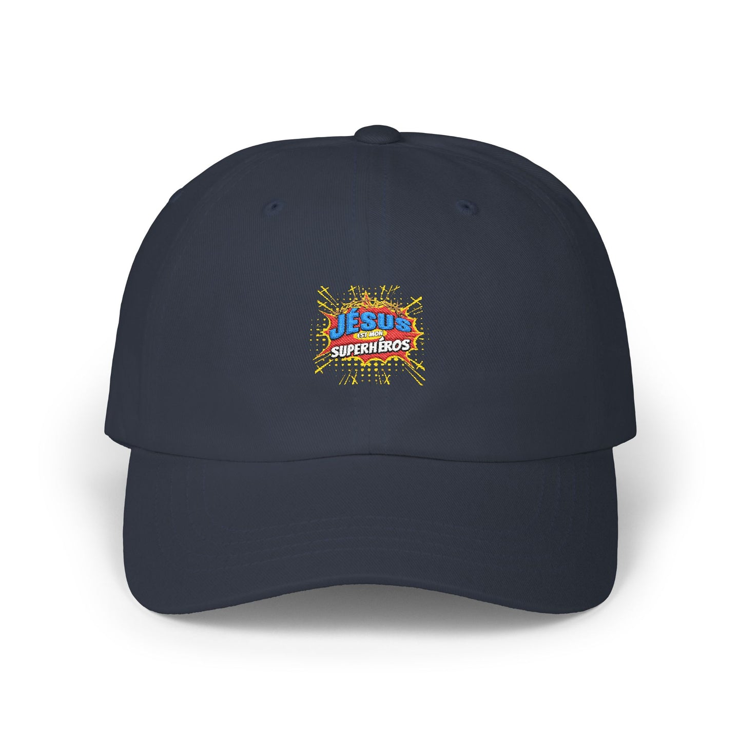 Casquette bleu marine avec un écusson brodé coloré portant l'inscription Jésus est mon Superhéros.