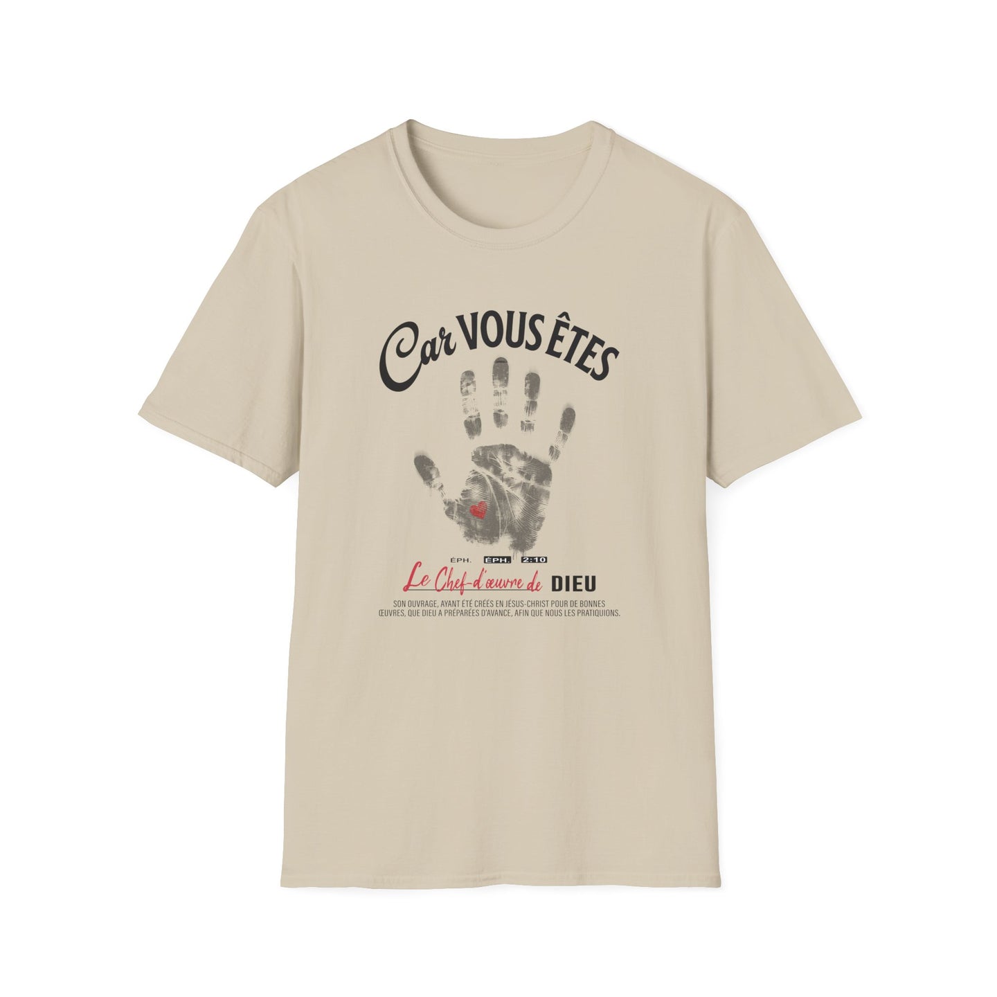 T-shirt beige pour femme avec une empreinte de main et le texte biblique Éphésiens 2:10.