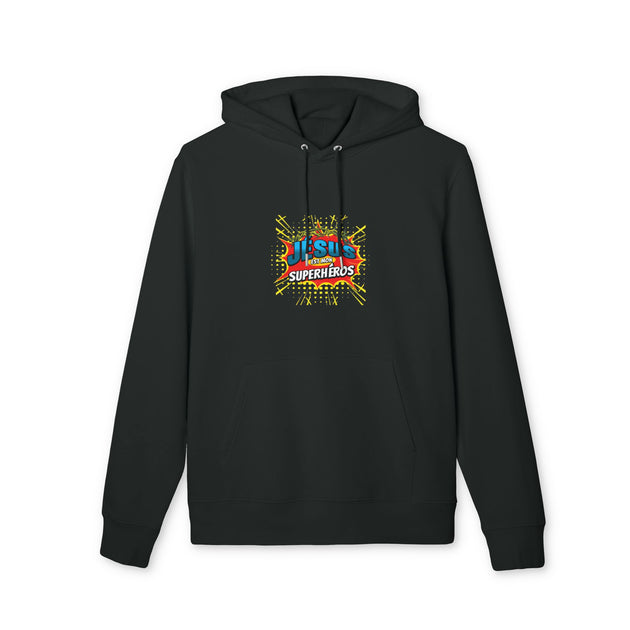 Sweat à capuche noir en coton biologique avec un motif graphique coloré style bande dessinée.
