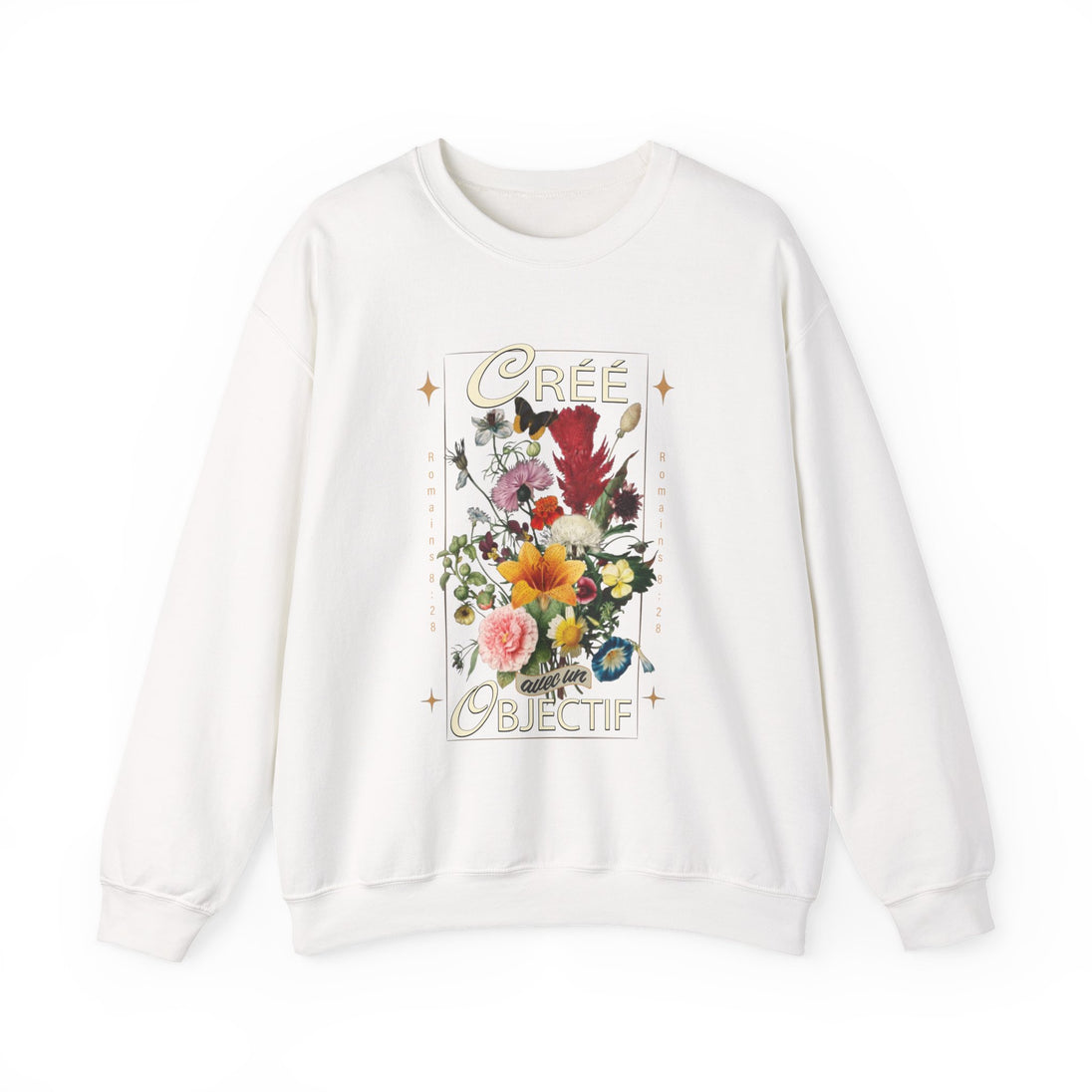 Sweat-shirt blanc pour femme orné d'un bouquet de fleurs vintage et de l'inscription Créé Objectif.