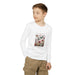 T-shirt blanc manches longues enfant avec fleurs et papillons, texte biblique en français.