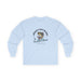 T-shirt bleu clair à manches longues avec un motif de poisson et un texte religieux.